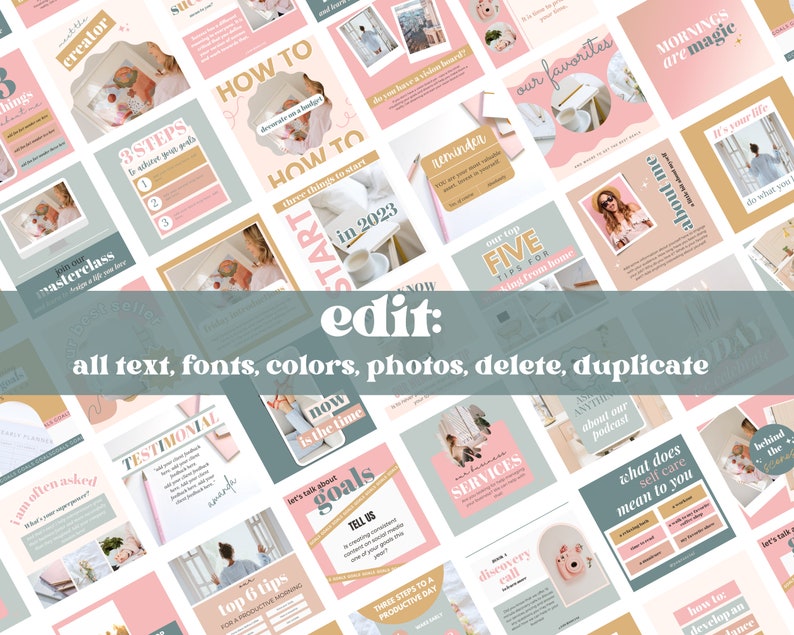 May include: A collection of social media templates in pastel colors, featuring text like "How To," "Goals," and "About Me." The templates include photos and graphics, with the word "edit" and instructions to modify text, fonts, colors, photos, and more.