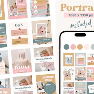 May include: A digital product mockup featuring a smartphone displaying various social media templates. The templates include text and graphics in pastel colors, with phrases like "It's your life" and "Q&A". The word "Portrait" is displayed at the top.