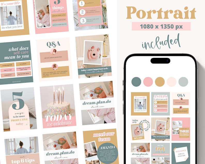 May include: A digital product mockup featuring a smartphone displaying various social media templates. The templates include text and graphics in pastel colors, with phrases like "It's your life" and "Q&A". The word "Portrait" is displayed at the top.