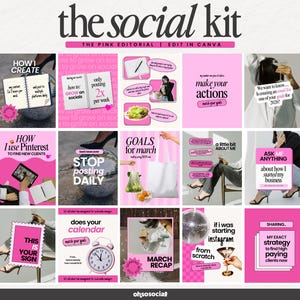 May include: A digital marketing kit, "the social kit", in pink and white, featuring templates for social media content. The design includes text like "How I use Pinterest" and "Stop posting daily", with a focus on social media strategy.