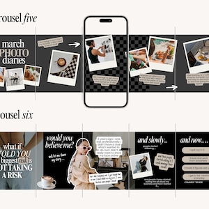 May include: A digital collage with a smartphone and polaroid-style photos. Text includes "carousel five," "march PHOTO diaries," and "carousel six." The photos show coffee, food, and text such as "what if I TOLD YOU the biggest risk is NOT TAKING A RISK."