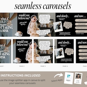 May include: A digital marketing template for seamless carousels, with text overlays and instructions. The design includes a woman with sunglasses, coffee, and app icons. The text reads "What if I told you the biggest risk is not taking a risk." The template is for social media.