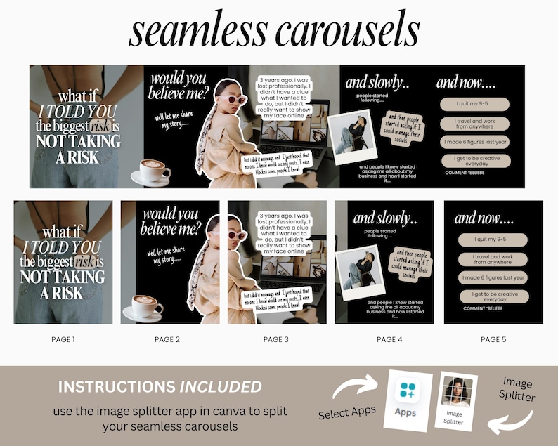 May include: A digital marketing template for seamless carousels, with text overlays and instructions. The design includes a woman with sunglasses, coffee, and app icons. The text reads "What if I told you the biggest risk is not taking a risk." The template is for social media.