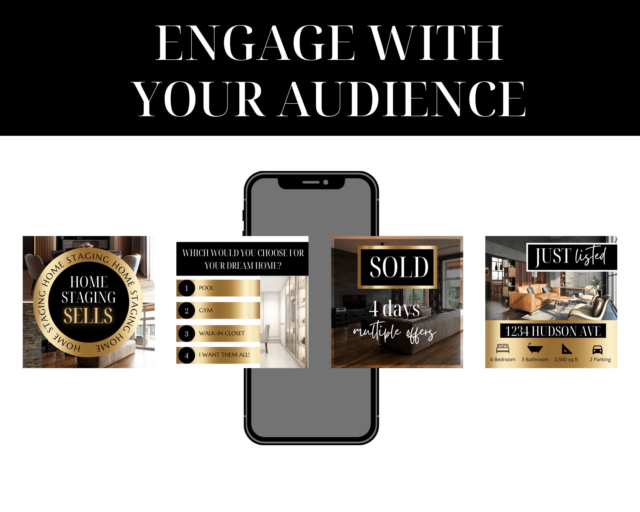 Gold Real Estate Instagram Templates: Realtor Social Media (digital ...