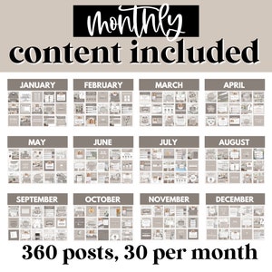 May include: A visual representation of 360 social media posts, 30 per month, organized by month. The image shows a grid of 12 squares, each representing a month of the year. Each square contains a grid of 30 smaller squares, each representing a social media post. The text "monthly content included" is at the top of the image, and the text "360 posts, 30 per month" is at the bottom.