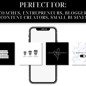 Pu&ograve; includere: Quattro diversi design per lo schermo del telefono in bianco e nero. Il primo design presenta il testo "You have 144 hours per week to achieve your goals". Il secondo design presenta tre tazze di caff&egrave; con il testo "Small, Medium, Monday". Il terzo design presenta il testo "Love Yourself First" con un simbolo di cuore. Il quarto design presenta uno sfondo in marmo con un interruttore che dice "Weekend Mode: ON".