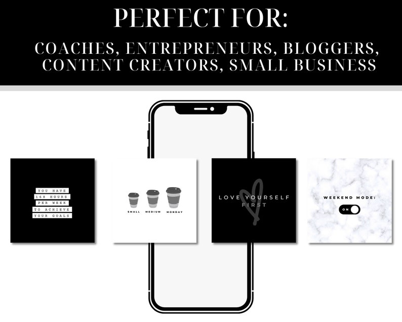 Pu&ograve; includere: Quattro diversi design per lo schermo del telefono in bianco e nero. Il primo design presenta il testo "You have 144 hours per week to achieve your goals". Il secondo design presenta tre tazze di caff&egrave; con il testo "Small, Medium, Monday". Il terzo design presenta il testo "Love Yourself First" con un simbolo di cuore. Il quarto design presenta uno sfondo in marmo con un interruttore che dice "Weekend Mode: ON".