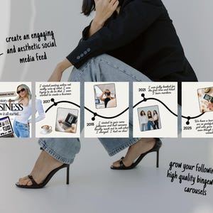 May include: A promotional image shows a woman in a black blazer and jeans. The image includes a timeline with text and photos, promoting social media content creation. The text includes "create an engaging and aesthetic social media feed" and "grow your following with high quality bingeworthy carousels."