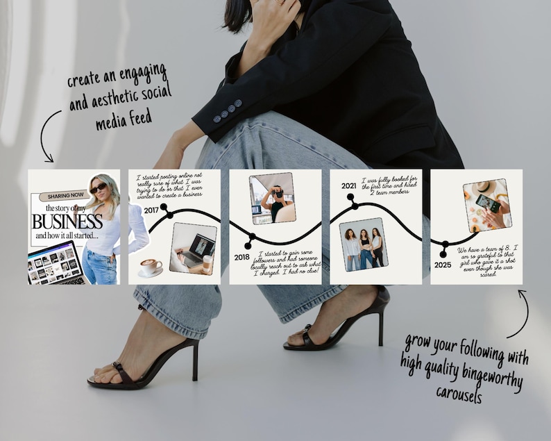 May include: A promotional image shows a woman in a black blazer and jeans. The image includes a timeline with text and photos, promoting social media content creation. The text includes "create an engaging and aesthetic social media feed" and "grow your following with high quality bingeworthy carousels."