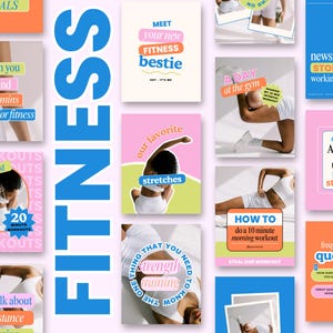 Puede incluir: Un collage de publicaciones de redes sociales sobre fitness con colores vivos y textos como "Conoce a tu nueva mejor amiga fitness", "Nuestros estiramientos favoritos", "Cómo hacer un entrenamiento matutino de 10 minutos", "Nuestro mejor consejo si quieres desarrollar tu fuerza", y "Preguntas frecuentes".
