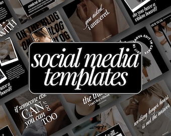 May include: A collection of social media templates with black and white text on a gray background. The text includes phrases like "On the Blog", "You asked... I answered", "Do you have a vision board?", "If someone else can, you can too", "The truth", "I can't live without", "Working longer hours is not the answer", and "Our Team".