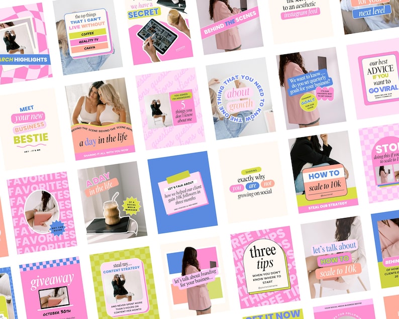 Puede incluir: Un collage de plantillas de historias de Instagram en rosa y azul con superposiciones de texto. El texto incluye frases como "Conoce a tu nueva mejor amiga de negocios", "C&oacute;mo escalar a 10.000", "Nuestro mejor consejo si quieres volverte viral", y "Roba nuestra estrategia".