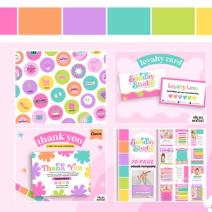 May include: A pink and yellow graphic design template for a business called "Sunday Studio". The template includes a loyalty card, a thank you card, and a 70-page ebook template. The design features a colorful, retro style with circles, flowers, and stars.