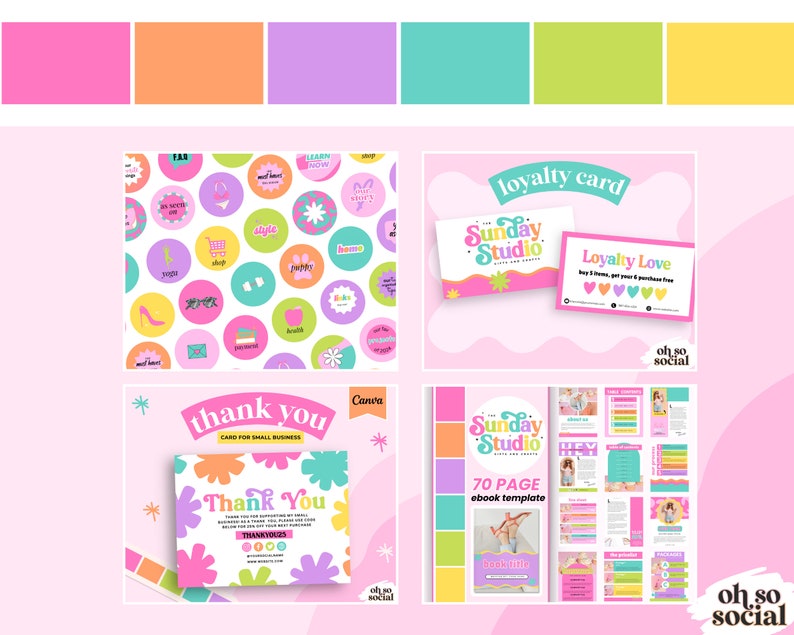 May include: A pink and yellow graphic design template for a business called "Sunday Studio". The template includes a loyalty card, a thank you card, and a 70-page ebook template. The design features a colorful, retro style with circles, flowers, and stars.