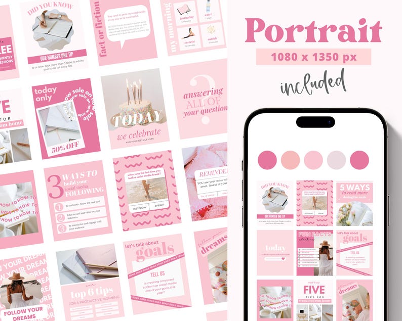 May include: A collection of pink and white social media templates with text overlays. The templates feature various designs, including text boxes, illustrations, and photos. The text on the templates includes phrases like "Did you know?", "Fact or fiction", "Today we celebrate", "Answering all of your questions", "3 ways to build your following", "Let's talk about goals", "Top 6 tips", "Dreams", "Today", "5 ways to read more", "Five things you", and "Dreams".