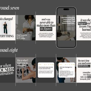 May include: A digital marketing carousel with text and images. The text includes phrases like "this changed everything," "six figures," and "biggest and best lesson." The images feature people and motivational quotes.