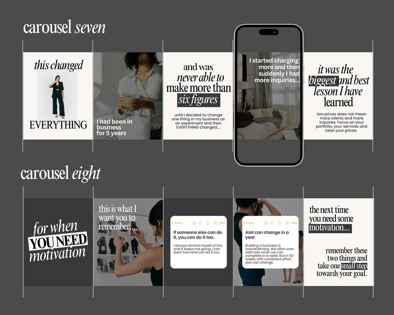 May include: A digital marketing carousel with text and images. The text includes phrases like "this changed everything," "six figures," and "biggest and best lesson." The images feature people and motivational quotes.
