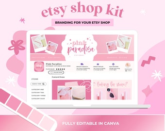 Puede incluir: Una maqueta de pantalla de computadora portátil rosa y blanca con el texto "etsy shop kit" y "branding for your etsy shop" en la parte superior. La pantalla muestra una tienda Etsy simulada con el nombre "Pink Paradise" y un esquema de color rosa y blanco. El texto "looking for more?" está en la parte inferior de la pantalla. El texto "fully editable in canva" está en la parte inferior de la imagen.