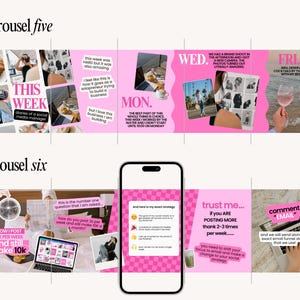 Pode incluir: Um carrossel de marketing digital com gr&aacute;ficos rosa e branco. O carrossel inclui texto como "This Week", "How I Post 2x Per Week and Still Make 10k" e "trust me... if you are posting more".
