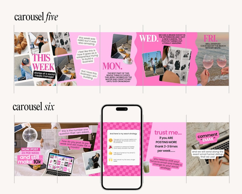 Pode incluir: Um carrossel de marketing digital com gr&aacute;ficos rosa e branco. O carrossel inclui texto como "This Week", "How I Post 2x Per Week and Still Make 10k" e "trust me... if you are posting more".