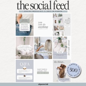 Op de afbeelding: Een social media kit template met de tekst "the social feed" en "social media kit | edit in canva". De afbeelding bevat negen vierkante sjablonen met tekst als "Ask me anything" en "You can do anything". Een cirkelvormige afbeelding zegt "500 Canva templates included".