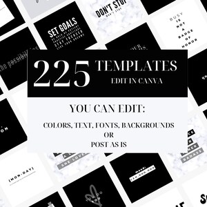 Pu&ograve; includere: Un collage di 225 modelli di social media in bianco e nero con citazioni e frasi ispiratrici. Il testo recita "225 Modelli Modifica in Canva Puoi modificare: Colori, testo, font, sfondi o Pubblica cos&igrave; com'&egrave;".