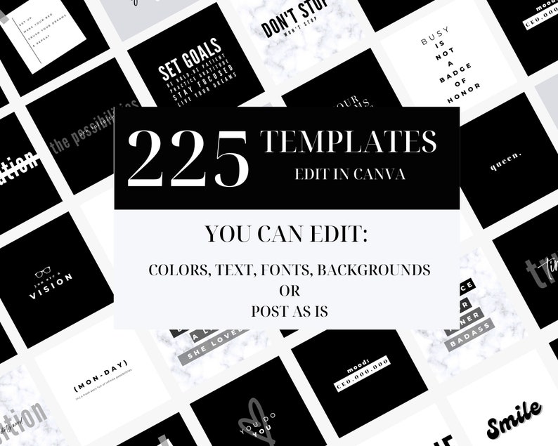 Pu&ograve; includere: Un collage di 225 modelli di social media in bianco e nero con citazioni e frasi ispiratrici. Il testo recita "225 Modelli Modifica in Canva Puoi modificare: Colori, testo, font, sfondi o Pubblica cos&igrave; com'&egrave;".