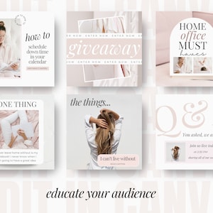 May include: A collage of six Instagram posts with a pink and white color scheme. The posts feature tips for working from home, a giveaway announcement, and a Q&A session. The text on the posts includes phrases like "how to schedule down time in your calendar", "giveaway", "home office must haves", "one thing", "the things...", and "Q&A".