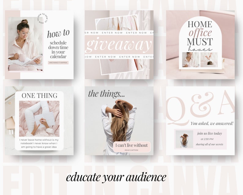 May include: A collage of six Instagram posts with a pink and white color scheme. The posts feature tips for working from home, a giveaway announcement, and a Q&A session. The text on the posts includes phrases like "how to schedule down time in your calendar", "giveaway", "home office must haves", "one thing", "the things...", and "Q&A".