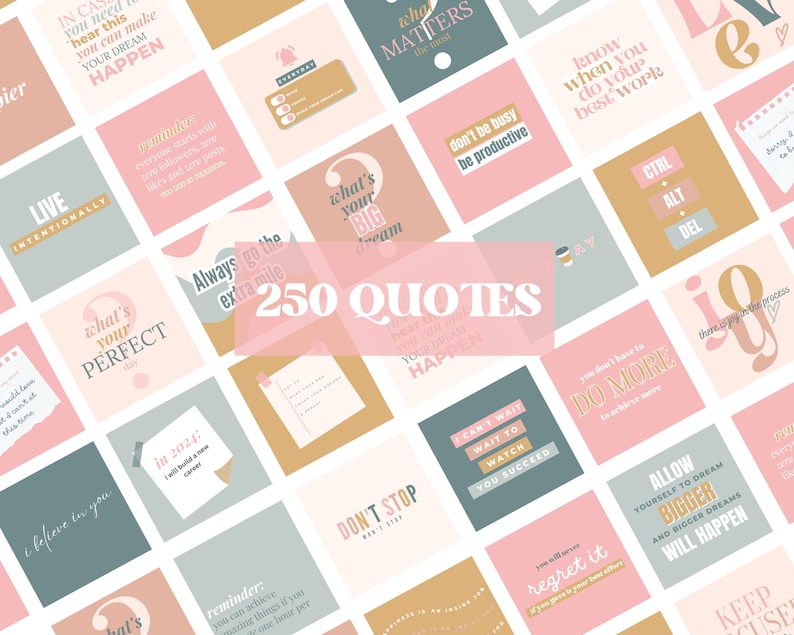 May include: A collection of 250 quotes on square cards in a variety of pastel colors, including pink, beige, and teal. Each card features inspirational text in a modern font. The words "250 QUOTES" are prominently displayed.