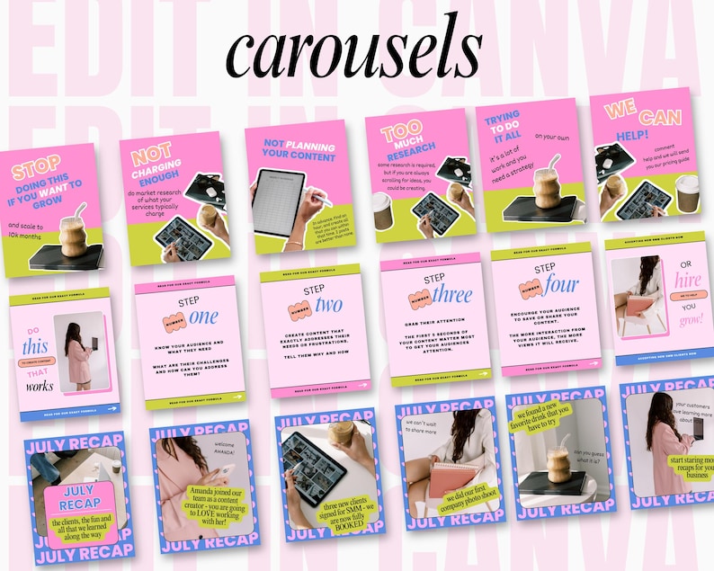 Puede incluir: Un collage de 16 gr&aacute;ficos de historias de Instagram rosas y verdes con consejos para hacer crecer un negocio. Los gr&aacute;ficos presentan texto como "Deja de hacer esto si quieres crecer", "No cobrar lo suficiente", "Demasiada investigaci&oacute;n", "Intentar hacerlo todo", "Podemos ayudar", "Haz esto que funciona", "Paso 1", "Paso 2", "Paso 3", "Paso 4", "O contrata a alguien", "Resumen de julio", "Amanda se uni&oacute; a nuestro equipo como creadora de contenido", "Encontramos una nueva bebida favorita", "Hicimos nuestra primera sesi&oacute;n de fotos de empresa", "Conseguimos un nuevo cliente", "Empieza a cobrar por tu negocio", "Los clientes, la diversi&oacute;n y todo lo que aprendimos en el camino".