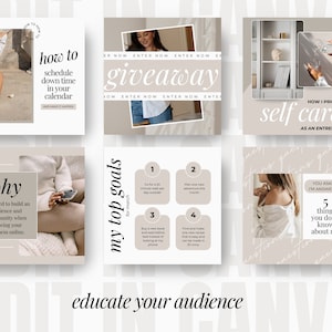 May include: A collage of six Instagram posts with a beige background and black text. The posts include tips for building an online business, scheduling downtime, setting goals, and prioritizing self-care. The text includes phrases like "why you need to build an audience", "how to schedule down time", "my top goals for March", and "how I prioritize self-care".