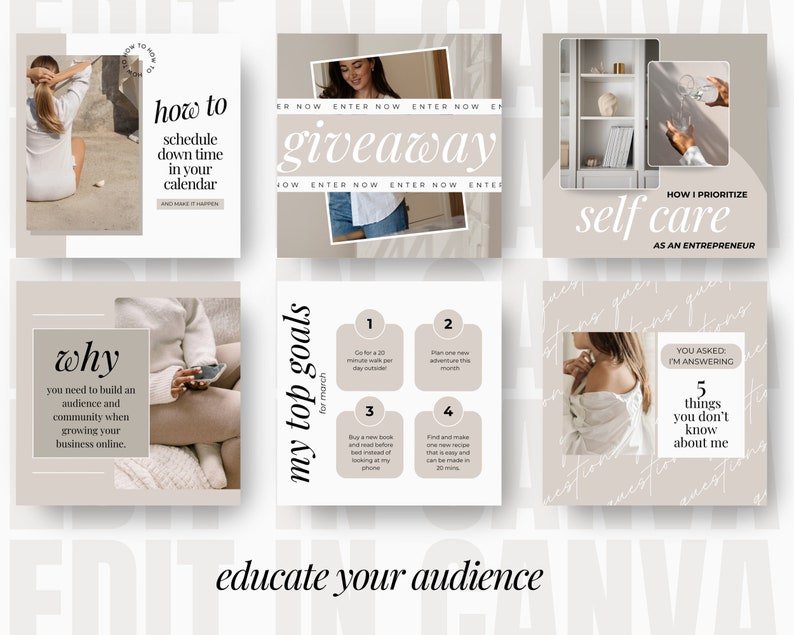 May include: A collage of six Instagram posts with a beige background and black text. The posts include tips for building an online business, scheduling downtime, setting goals, and prioritizing self-care. The text includes phrases like "why you need to build an audience", "how to schedule down time", "my top goals for March", and "how I prioritize self-care".
