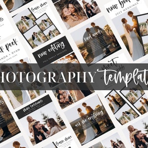 May include: A collection of photography templates for social media featuring images of couples, families, and weddings. The templates include text overlays such as "Sneak Peek", "Now Booking", "Kind Words", and "Meet the Team".