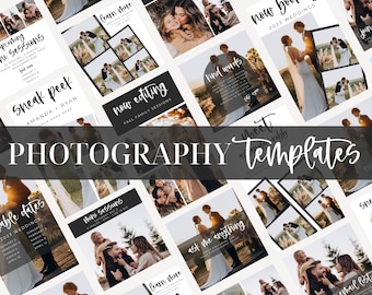 Puede incluir: Una colección de plantillas de fotografía para redes sociales con imágenes de parejas, familias y bodas. Las plantillas incluyen superposiciones de texto como "Vista previa", "Reservando ahora", "Palabras amables" y "Conoce al equipo".