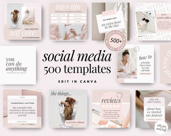 May include: A collage of social media templates for business owners. The templates feature pink and white color schemes with text overlays. Some of the templates include tips for small business owners, self-care advice, and how to schedule down time. The text "social media 500 templates" is in the center of the collage.