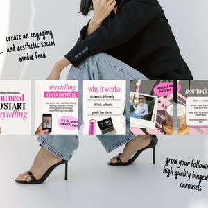 Pode incluir: Imagem com uma pessoa de blazer preto e jeans, com uma s&eacute;rie de gr&aacute;ficos de carrossel de m&iacute;dia social rosa e branco. Os gr&aacute;ficos promovem a narrativa e o engajamento, com texto como "Voc&ecirc; precisa come&ccedil;ar a contar hist&oacute;rias".