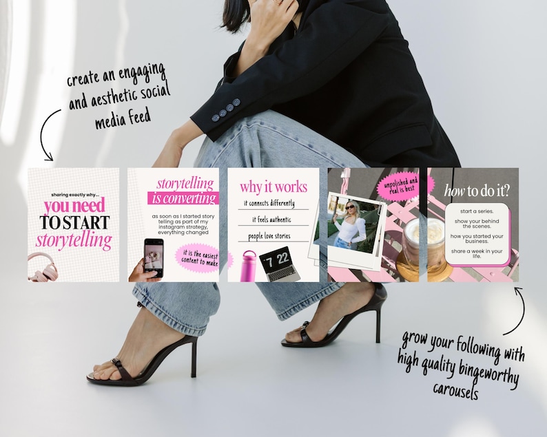 Pode incluir: Imagem com uma pessoa de blazer preto e jeans, com uma s&eacute;rie de gr&aacute;ficos de carrossel de m&iacute;dia social rosa e branco. Os gr&aacute;ficos promovem a narrativa e o engajamento, com texto como "Voc&ecirc; precisa come&ccedil;ar a contar hist&oacute;rias".