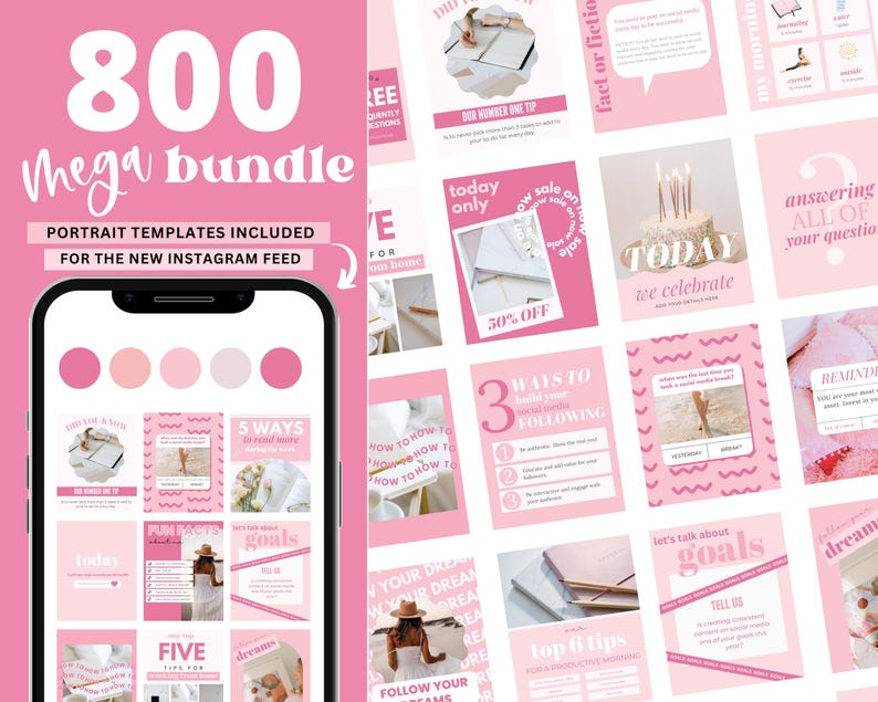 800 Pink Instagram Post Templates: Canva Social Media (digital Download ...