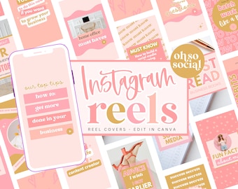 May include: A collage of pink and gold Instagram reel covers with text that includes "Instagram Reels", "Our Top Tips", "How to", "Get More", "Done in Your Business", "Home Office Must Haves", "Must Know", "How to Build a Social Media Following", "Oh So Social", "Content Creator", "Advice I Wish I Got Earlier", "Success Secrets", "Fun Facts About Me", "Batch Work Like a Pro", "Read Business Books", and "Top Three Questions".