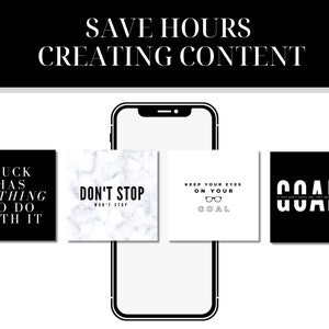 Pu&ograve; includere: Quattro grafiche di citazioni motivazionali in bianco e nero visualizzate sullo schermo di uno smartphone. Le citazioni sono "La fortuna non c'entra niente", "Non smettere, non smettere", "Tieni d'occhio il tuo obiettivo", e "Obiettivi".