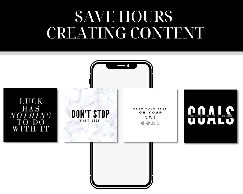 Pu&ograve; includere: Quattro grafiche di citazioni motivazionali in bianco e nero visualizzate sullo schermo di uno smartphone. Le citazioni sono "La fortuna non c'entra niente", "Non smettere, non smettere", "Tieni d'occhio il tuo obiettivo", e "Obiettivi".