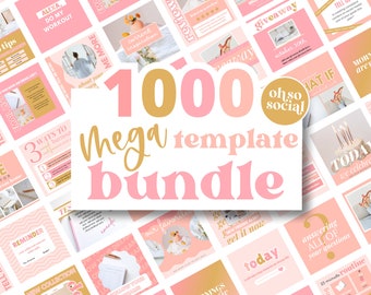 Puede incluir: Un gráfico rosa y dorado con el texto "1000 Mega Template Bundle" en una fuente grande. El gráfico está rodeado de gráficos más pequeños en rosa y dorado con texto como "giveaway", "oh so social" y "answering all of your questions".