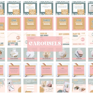 May include: A collection of social media templates with text overlays. The templates feature a color palette of pink, gold, and teal. Text includes "Blogging", "Tell Us", "Why You Should Blog in 2023", and "Carousels".