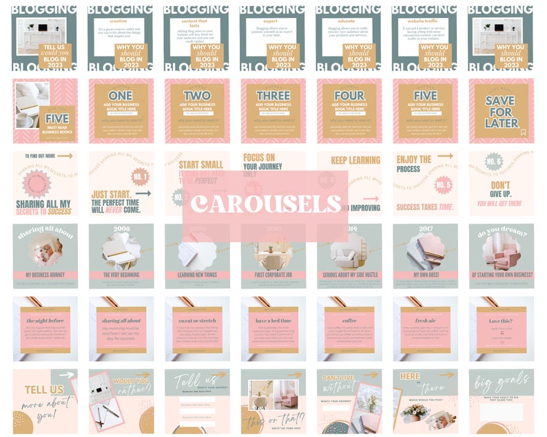 May include: A collection of social media templates with text overlays. The templates feature a color palette of pink, gold, and teal. Text includes "Blogging", "Tell Us", "Why You Should Blog in 2023", and "Carousels".