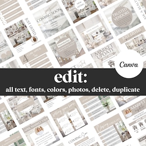 May include: A collage of social media graphics for real estate agents. The graphics feature a variety of images, text, and designs, including a house, a kitchen, a market update, and a new listing alert. The graphics are designed to be used on social media platforms such as Instagram and Facebook.