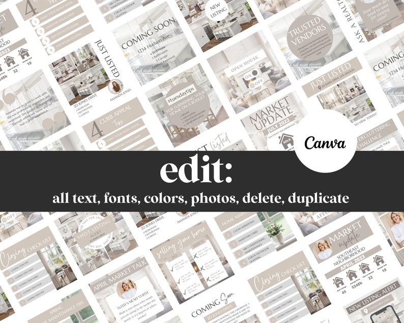 May include: A collage of social media graphics for real estate agents. The graphics feature a variety of images, text, and designs, including a house, a kitchen, a market update, and a new listing alert. The graphics are designed to be used on social media platforms such as Instagram and Facebook.