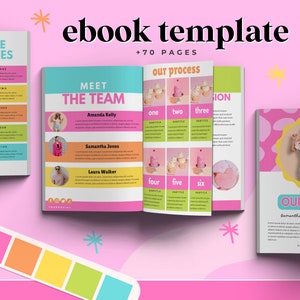 Może przedstawiać: Szablon ebooka w różowo-żółto-niebieskiej kolorystyce. Okładka zawiera zdjęcie kobiety w białej koszuli i dżinsowych szortach. Tekst na okładce brzmi "Nasz zespół" i zawiera imiona Samantha, Jecelyn i Amanda.