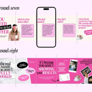 Pode incluir: Um carrossel de marketing digital com gr&aacute;ficos rosa e branco. O texto inclui "YOU NEED a low ticket OFFER", "what is a low ticket offer?" e "the real reason you aren't FULLY BOOKED". A imagem tamb&eacute;m apresenta um smartphone e x&iacute;caras de caf&eacute;.