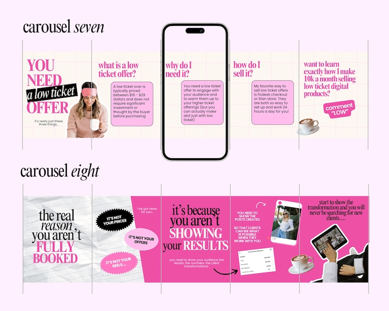 Pode incluir: Um carrossel de marketing digital com gr&aacute;ficos rosa e branco. O texto inclui "YOU NEED a low ticket OFFER", "what is a low ticket offer?" e "the real reason you aren't FULLY BOOKED". A imagem tamb&eacute;m apresenta um smartphone e x&iacute;caras de caf&eacute;.